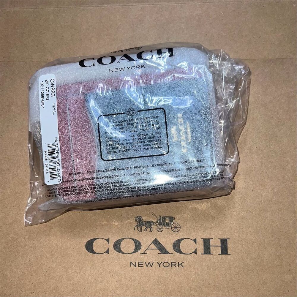 COACH Denim Blue & Bold Red Cardholder Card Case Card Wallet w Chain CW883 NWT
